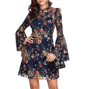 NEW BOUTIQUE Blue Mock Neck Floral Lace Dress